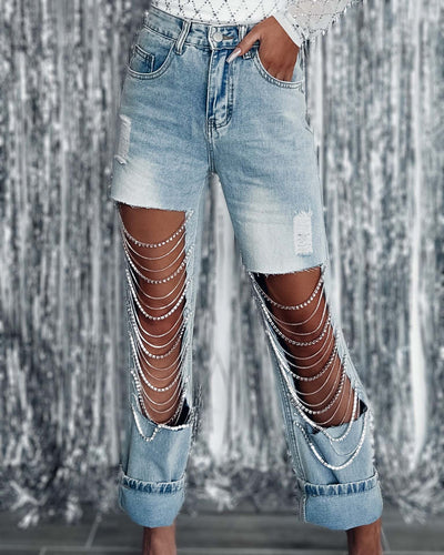 Pantalones Rectos para Mujer con Roturas y Cadenas Decorativas - Image 10