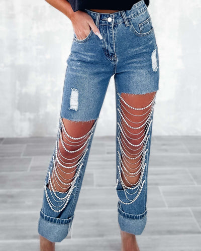 Pantalones Rectos para Mujer con Roturas y Cadenas Decorativas - Image 12
