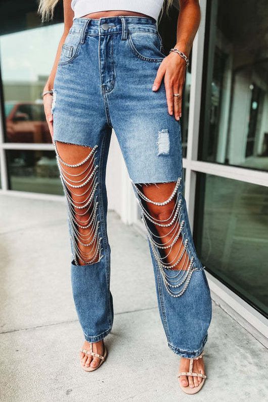 Pantalones Rectos para Mujer con Roturas y Cadenas Decorativas - Image 15