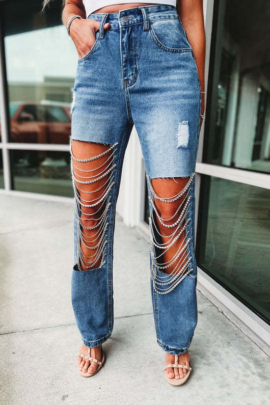 Pantalones Rectos para Mujer con Roturas y Cadenas Decorativas - Image 18
