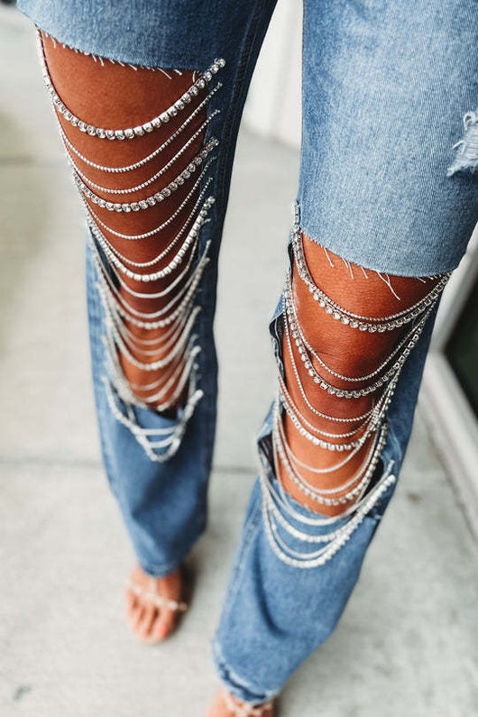 Pantalones Rectos para Mujer con Roturas y Cadenas Decorativas - Image 19