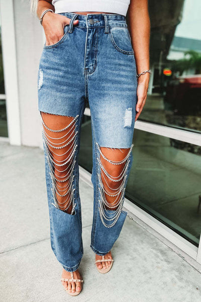 Pantalones Rectos para Mujer con Roturas y Cadenas Decorativas - Image 20
