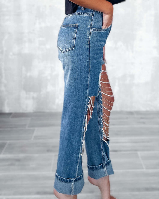 Pantalones Rectos para Mujer con Roturas y Cadenas Decorativas - Image 26