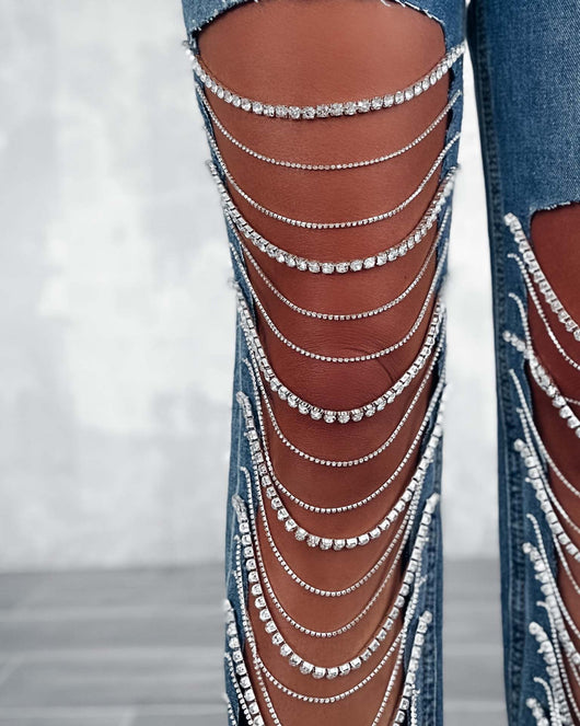 Pantalones Rectos para Mujer con Roturas y Cadenas Decorativas - Image 27