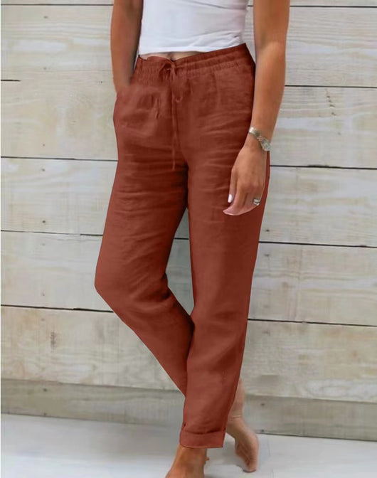 Pantalones Casuales de Cintura Alta para Mujer en Algodón y Lino - Image 14