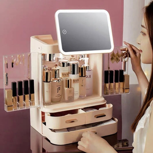 Organizador de Cosméticos con Espejo y Luz LED - Almacenamiento Grande