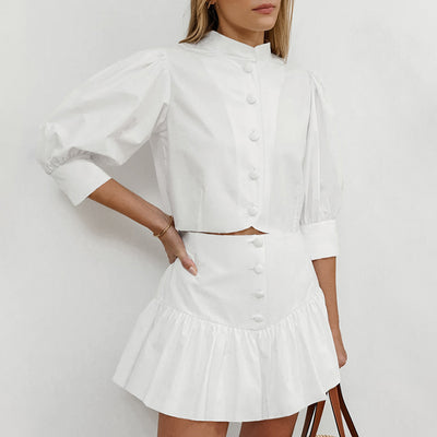 Conjunto Dos Piezas Falda Corta y Blusa de Manga Linterna para Mujer - Image 3