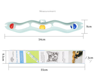 Light blue wavy pet track toy with red, yellow, and blue balls, shown with its packaging featuring two kittens. - Image 9