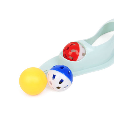Light blue wavy pet track toy with red, yellow, and blue balls, shown with its packaging featuring two kittens. - Image 13