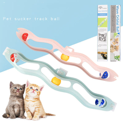 Light blue wavy pet track toy with red, yellow, and blue balls, shown with its packaging featuring two kittens. - Image 17