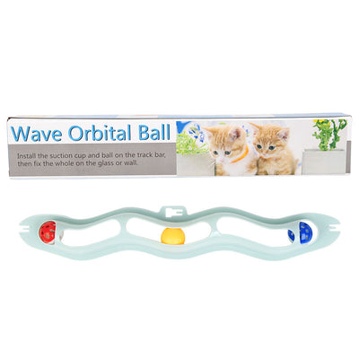 Light blue wavy pet track toy with red, yellow, and blue balls, shown with its packaging featuring two kittens. - Image 21
