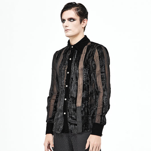 Camisa Gótica de Terciopelo Quemado con Pliegues y Rayas Demoníacas para Hombre - Image 9