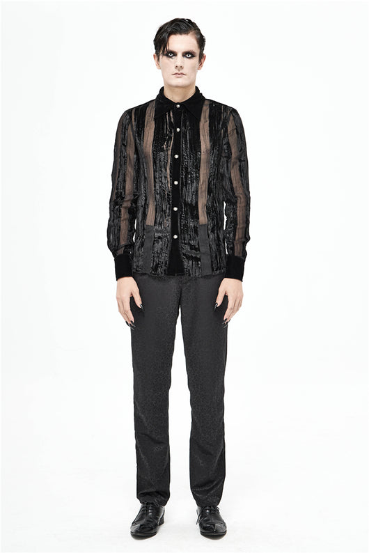 Camisa Gótica de Terciopelo Quemado con Pliegues y Rayas Demoníacas para Hombre - Image 18