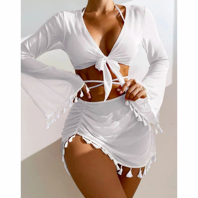 Light blue four-piece swimsuit set with a tie-front long-sleeve blouse, bikini top, and ruched mesh skirt with white tassels. - Image 16