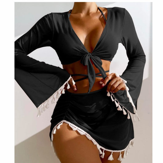 Light blue four-piece swimsuit set with a tie-front long-sleeve blouse, bikini top, and ruched mesh skirt with white tassels. - Image 17