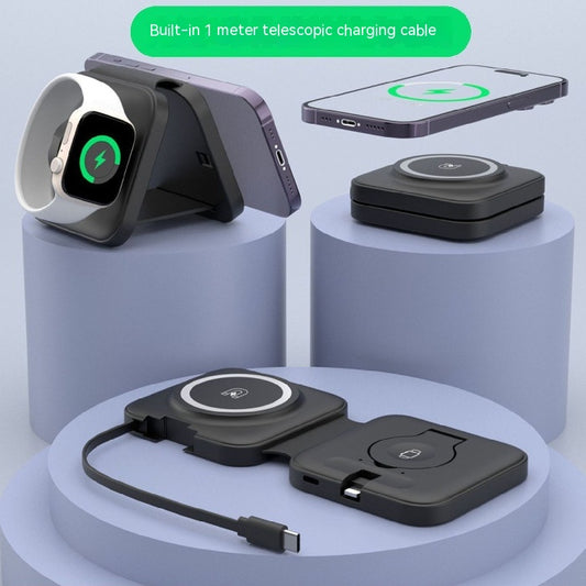 Cargador Inalámbrico Magnético 3 en 1 Plegable con Cable Flexible