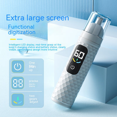 White electric nose hair trimmer with a textured body, clear cap, digital display, and power button. - Image 8