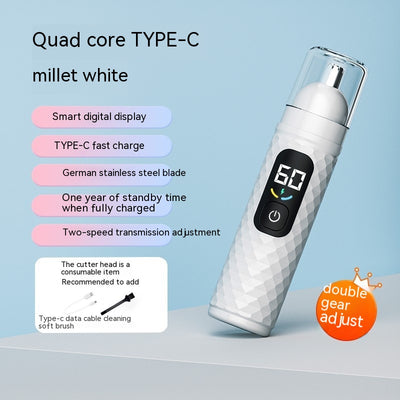 White electric nose hair trimmer with a textured body, clear cap, digital display, and power button. - Image 13