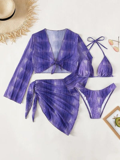 Purple and white striped four-piece women's swimsuit set with long-sleeve tie-front top, halter bikini, and sarong. - Image 13