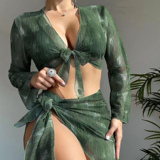 Purple and white striped four-piece women's swimsuit set with long-sleeve tie-front top, halter bikini, and sarong. - Image 15