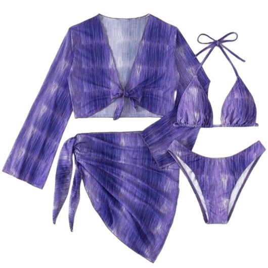 Purple and white striped four-piece women's swimsuit set with long-sleeve tie-front top, halter bikini, and sarong. - Image 16
