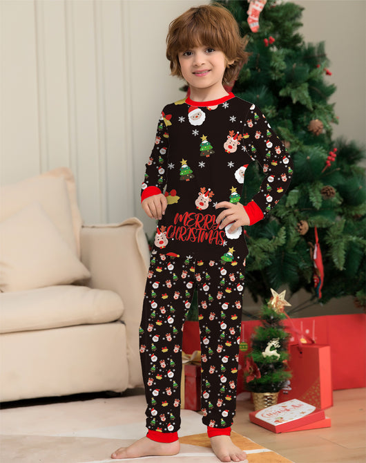 Man wearing a black long-sleeve Christmas pajama set with Santa, reindeer, and Christmas tree patterns. - Image 13