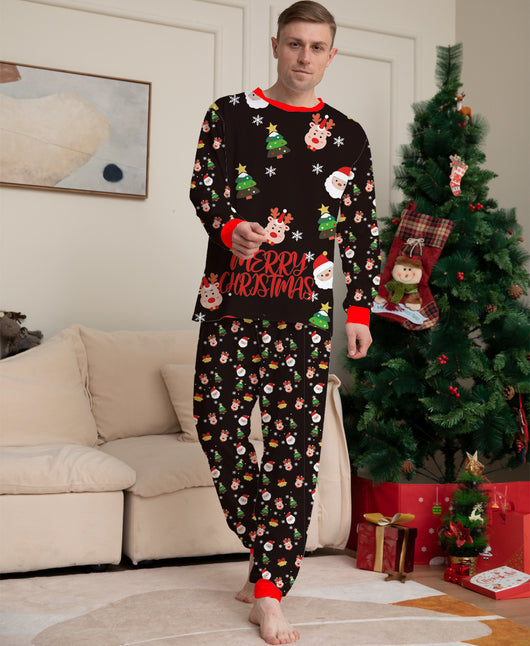 Man wearing a black long-sleeve Christmas pajama set with Santa, reindeer, and Christmas tree patterns. - Image 14