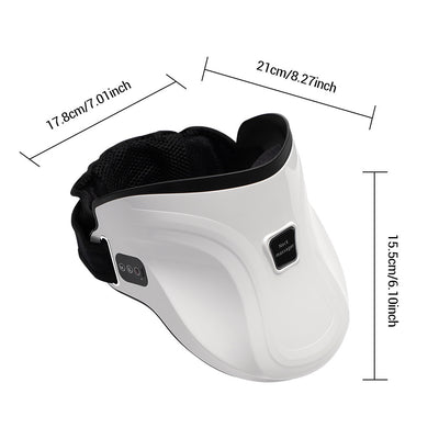 White electric neck massage instrument with hot compress, air pressure, and kneading functions, shown with remote and USB cable. - Image 10