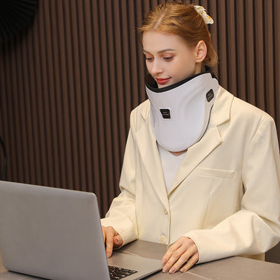White electric neck massage instrument with hot compress, air pressure, and kneading functions, shown with remote and USB cable. - Image 14