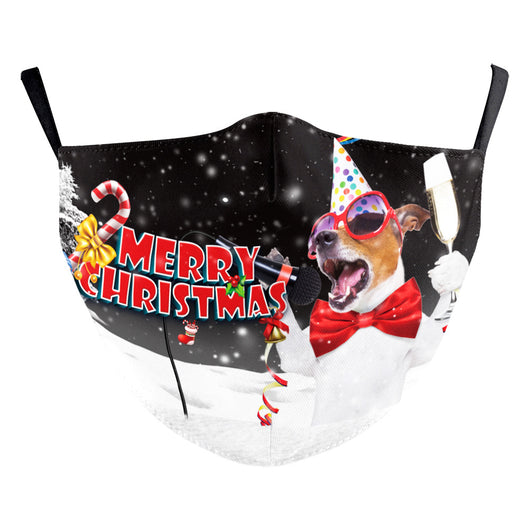 Christmas dust mask with a digital print of a black and white dog wearing a Santa hat and holding a candy cane. - Image 27