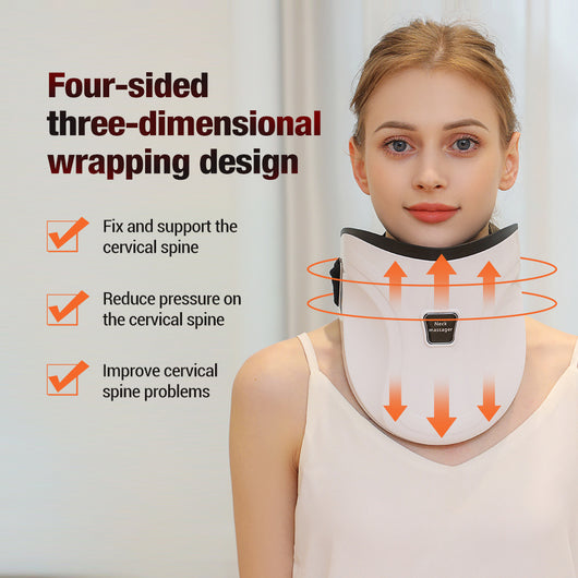 White electric neck massage instrument with hot compress, air pressure, and kneading functions, shown with remote and USB cable. - Image 21