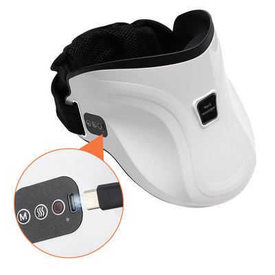 White electric neck massage instrument with hot compress, air pressure, and kneading functions, shown with remote and USB cable. - Image 25