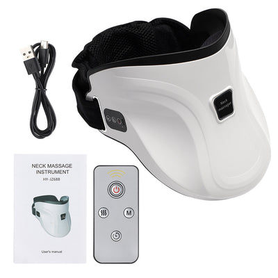 White electric neck massage instrument with hot compress, air pressure, and kneading functions, shown with remote and USB cable. - Image 26