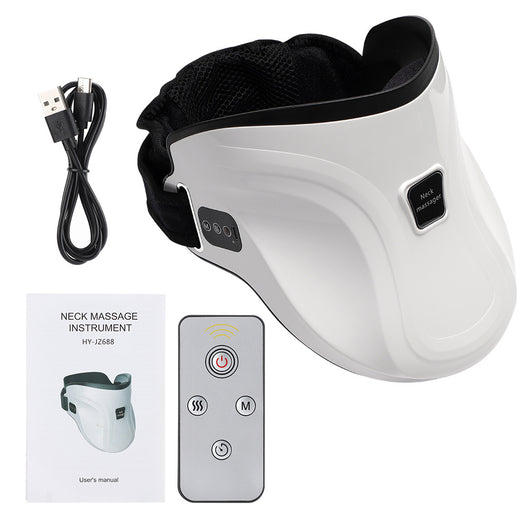 White electric neck massage instrument with hot compress, air pressure, and kneading functions, shown with remote and USB cable. - Image 26
