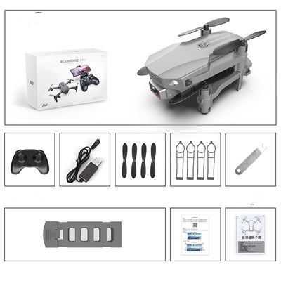 Gray folding drone with 4K camera, remote control, spare propellers, propeller guards, charging cable, and battery. - Image 22