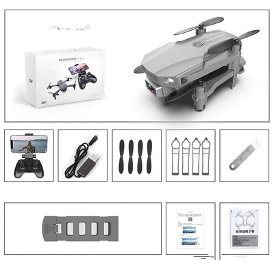 Gray folding drone with 4K camera, remote control, spare propellers, propeller guards, charging cable, and battery. - Image 23