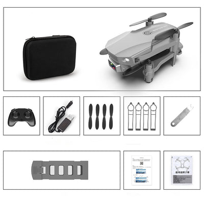 Gray folding drone with 4K camera, remote control, spare propellers, propeller guards, charging cable, and battery. - Image 26