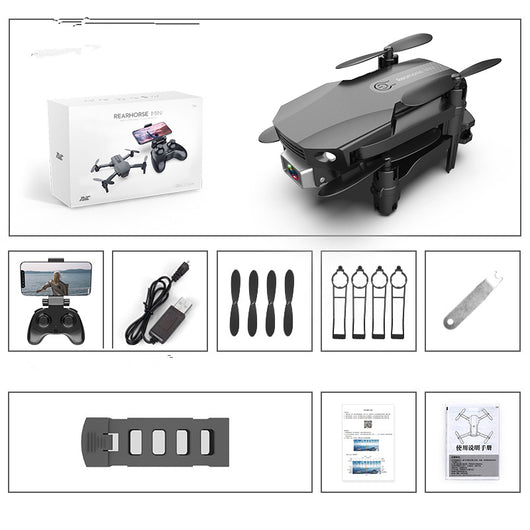 Gray folding drone with 4K camera, remote control, spare propellers, propeller guards, charging cable, and battery. - Image 28