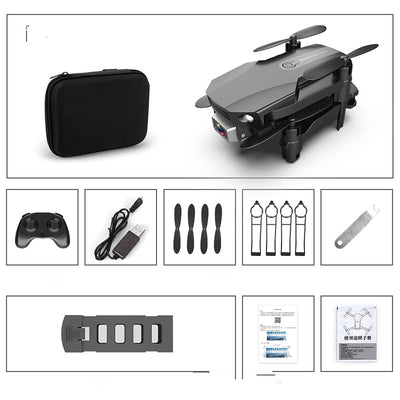 Gray folding drone with 4K camera, remote control, spare propellers, propeller guards, charging cable, and battery. - Image 31