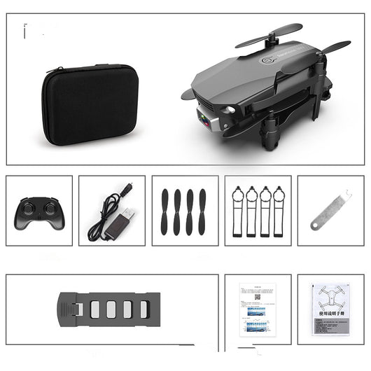 Gray folding drone with 4K camera, remote control, spare propellers, propeller guards, charging cable, and battery. - Image 31