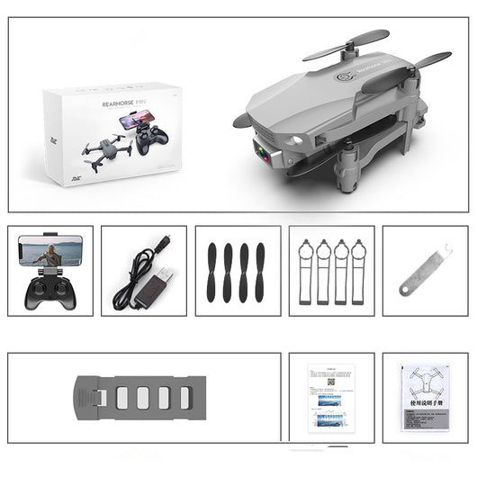 Gray folding drone with 4K camera, remote control, spare propellers, propeller guards, charging cable, and battery. - Image 32