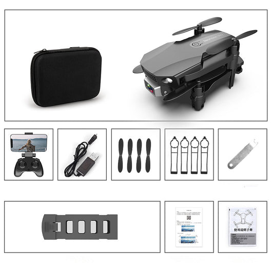 Gray folding drone with 4K camera, remote control, spare propellers, propeller guards, charging cable, and battery. - Image 34