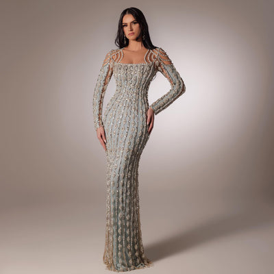 Vestido Largo Ajustado con Cola de Pez y Mangas Largas - Image 8