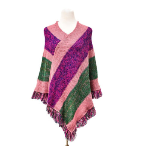 Poncho Suéter Escote V Rayas con Flecos y Capa Suelta - Image 2