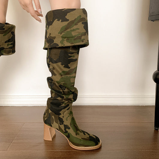 Botas Largas Denim Camuflaje con Tacón Robusto para Mujer - Image 10