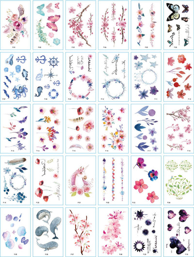 Set of 30 temporary tattoo stickers featuring pink and purple butterflies, flowers, bunnies, and moon designs. - Image 13