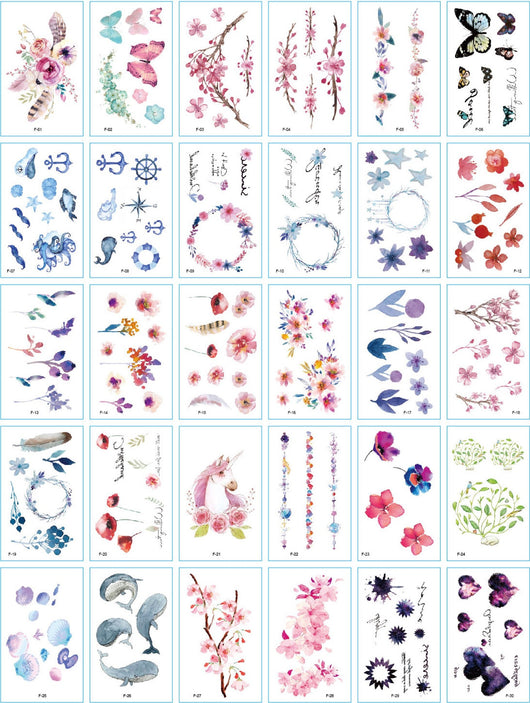 Set of 30 temporary tattoo stickers featuring pink and purple butterflies, flowers, bunnies, and moon designs. - Image 13