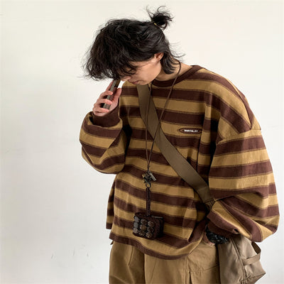 Camiseta Retro a Rayas Estilo Japonés Manga Larga Holgada Khaki para Parejas - Image 9