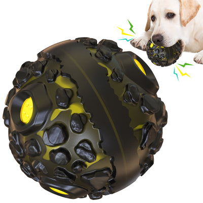 Black and yellow meteorite-shaped dog teether ball toy with textured surface and embedded yellow lights. - Image 13