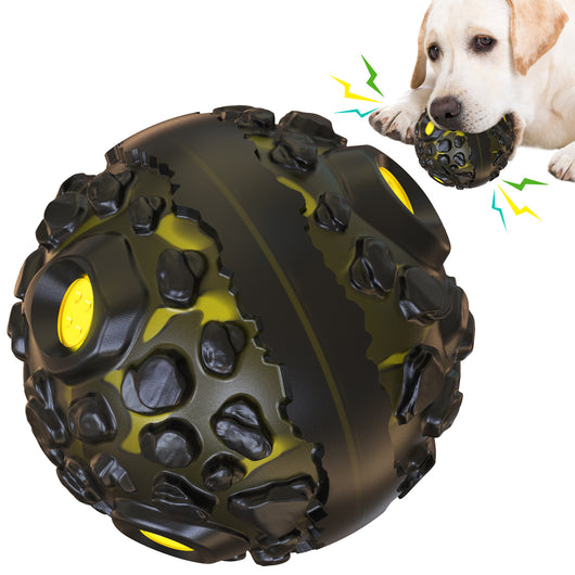Black and yellow meteorite-shaped dog teether ball toy with textured surface and embedded yellow lights. - Image 13
